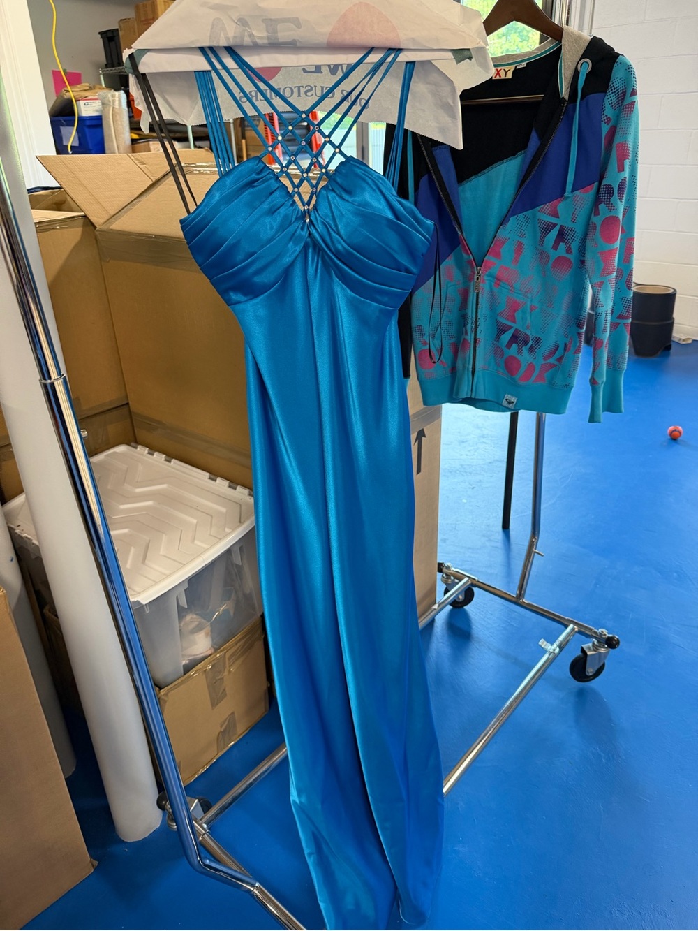 Cache Teal-Blue Satin Lattice-Strap Maxi Dress